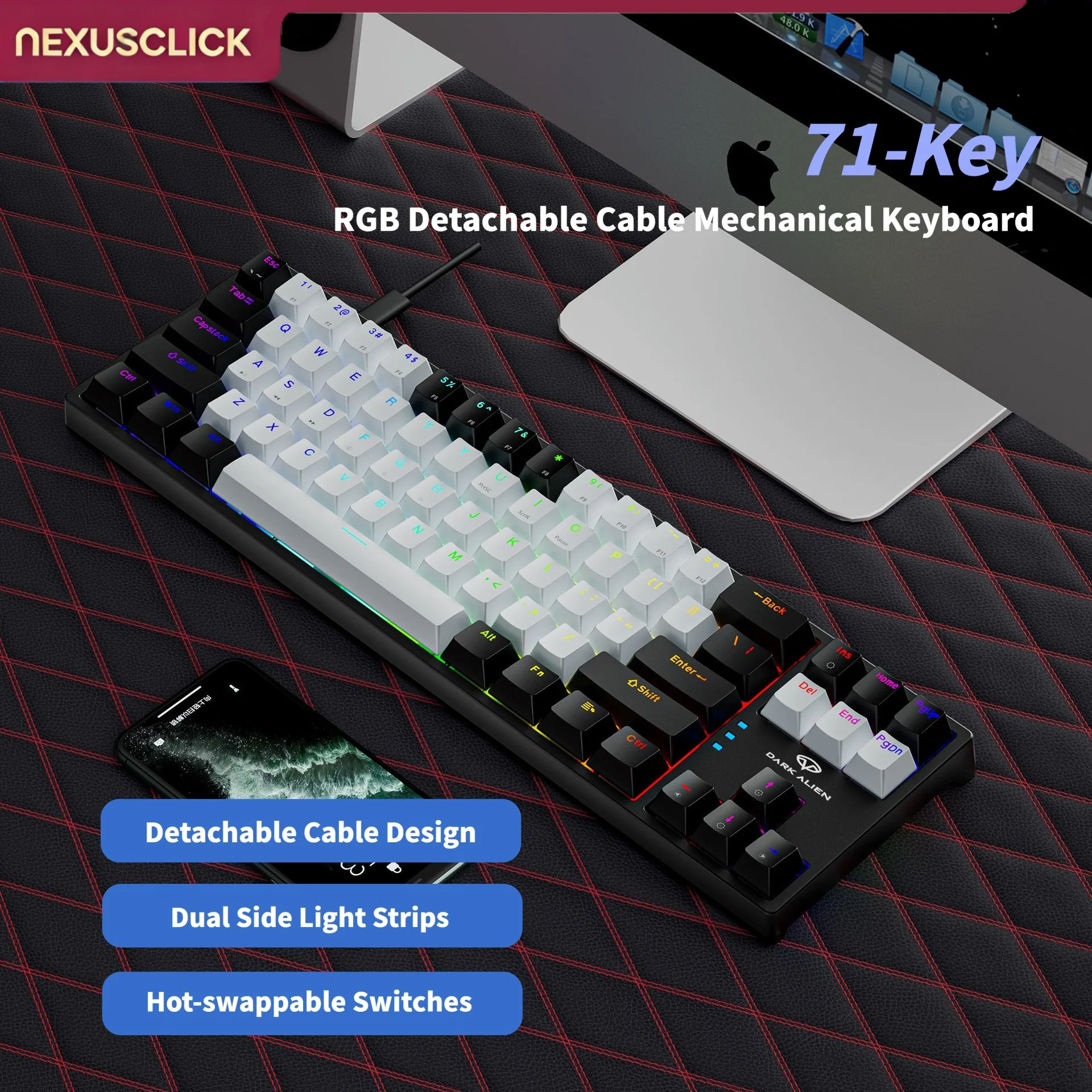 NexusClick K710 Compact Mechanical Gaming Keyboard,Hot Swappable Blue Switch,RGB Light Effects, Type-C Removable Cable for Gamer