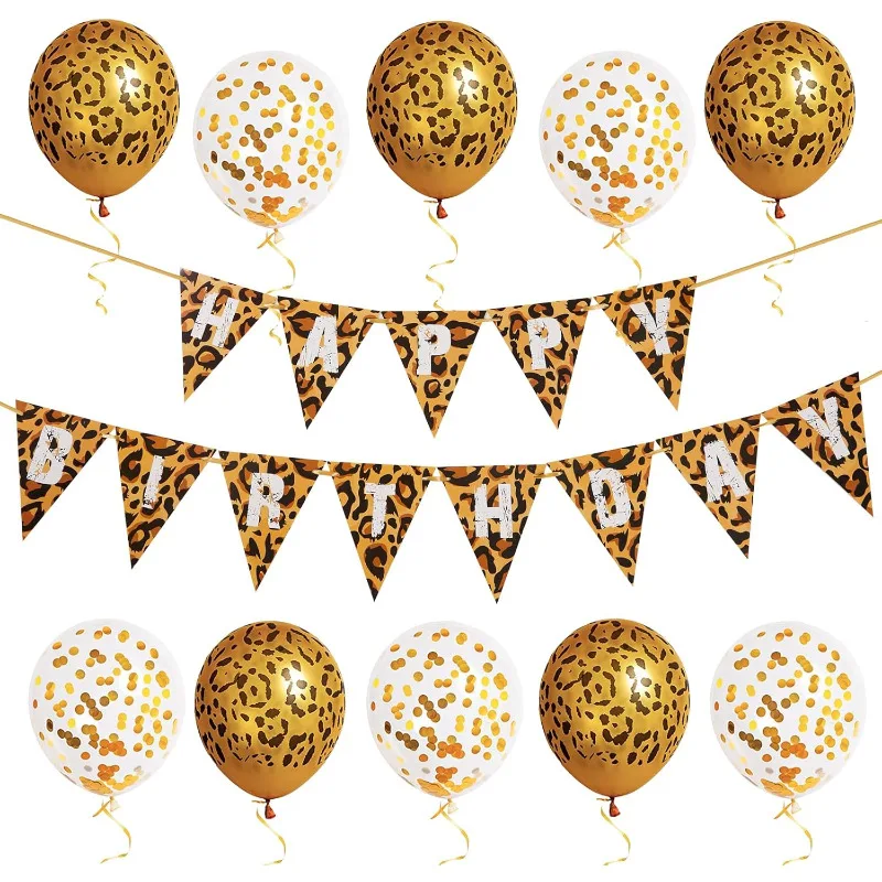 Cheetah Theme Leopard Print Happy Birthday Triangle Banners Balloons Kit for Animal Birthday Baby Shower Party Decoration Supply