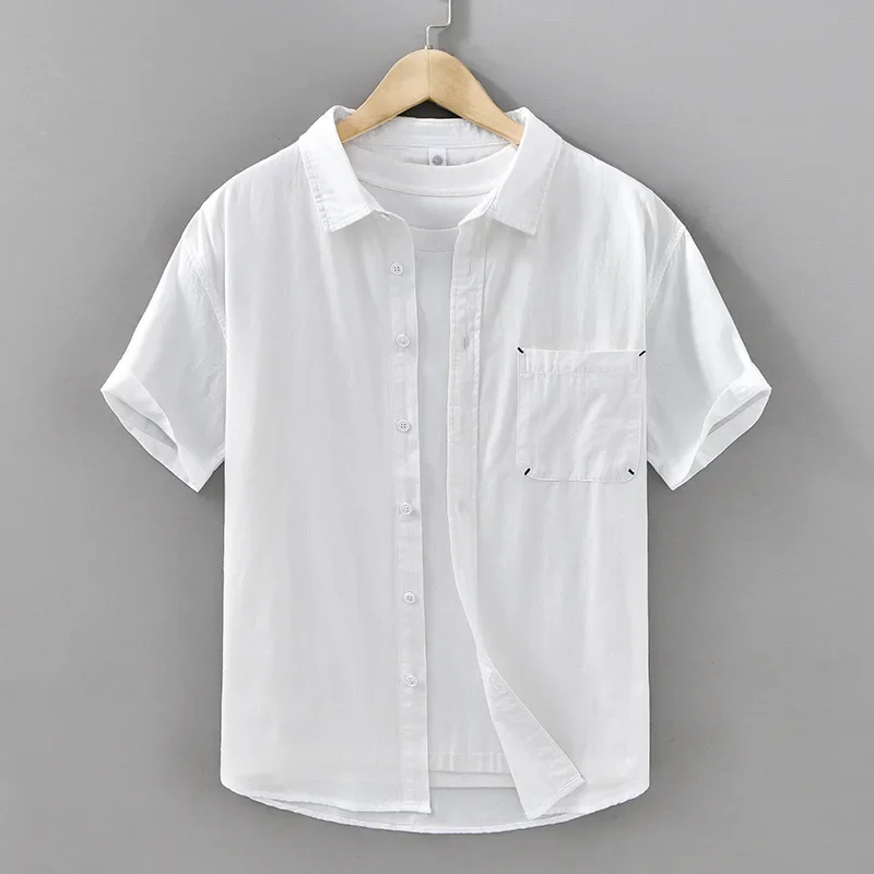 

2026 Summer New 100% Cotton Fresh Simple Thin Short Sleeve Shirt for Men Slim Turn-down Collar Shirt