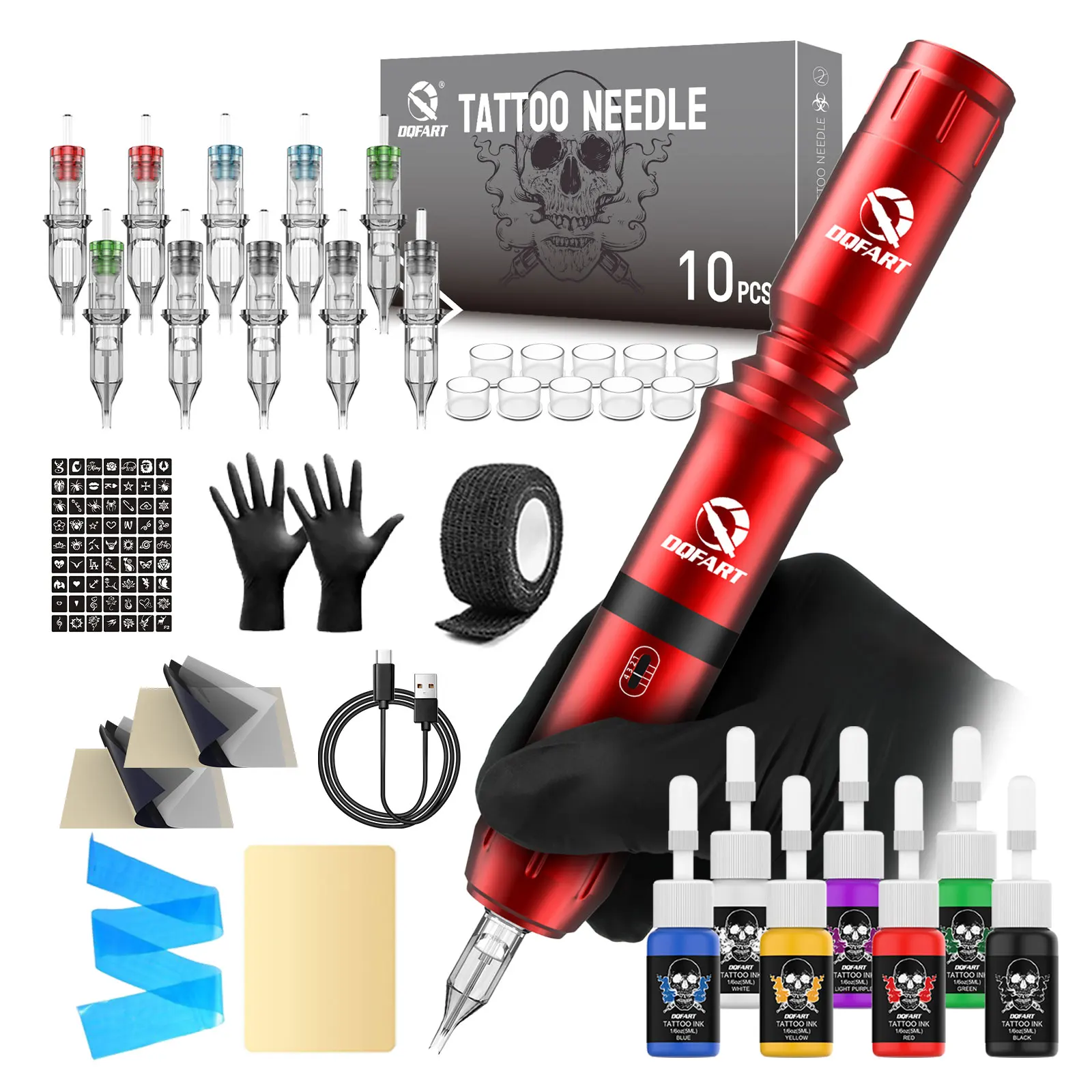 

Комплект тату-пистолета DQFART, комплект беспроводной тату-машины, набор ручек для татуировки с мощностью 1200 мАч, полный набор татуировки, принадлежности для татуировки