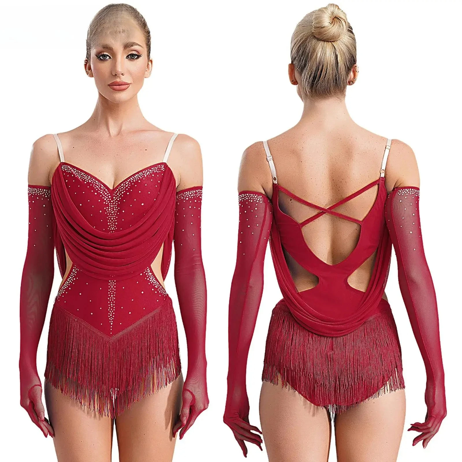 Womens Tassel Latin Leotard Dress Rhinestone Fringed Bodysuit+Gloves Outfits for Tango Salsa Skating Performance