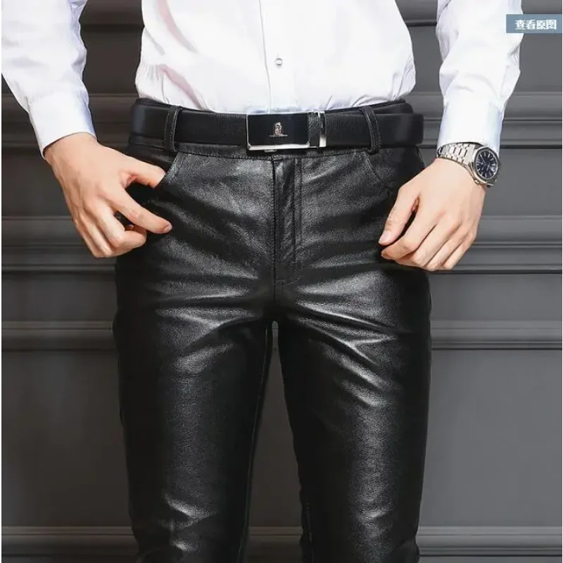 Men's Slim Fitting Calf Leather Tight Casual Leather Pants Harley Motorcycle Riding Sheepskin Pants