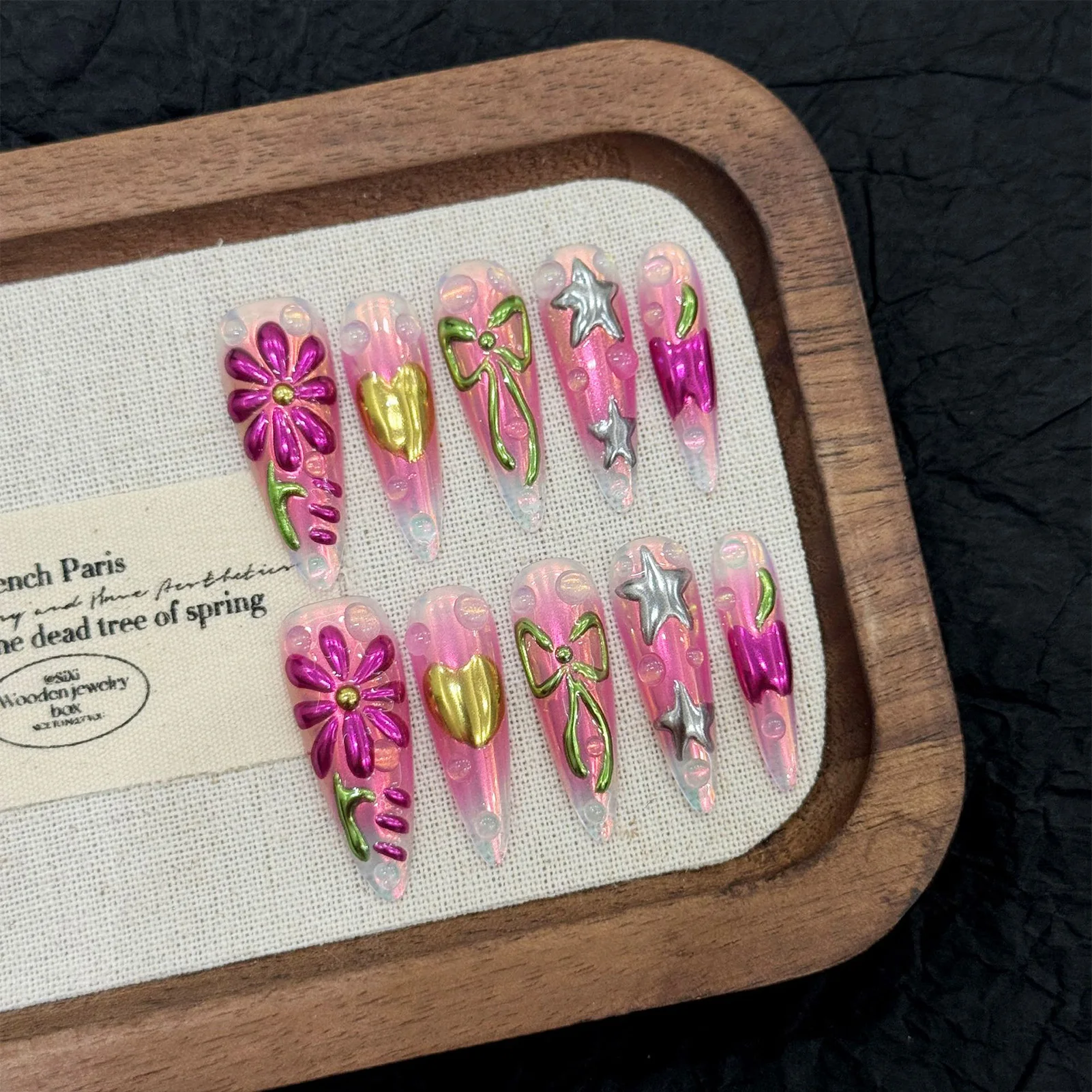 

10pcs Island Vacation Style Press On Nails Colorful Painted Flower Bowknots Y2k Handmade Fake Nail Rose Pink Almond False Nail