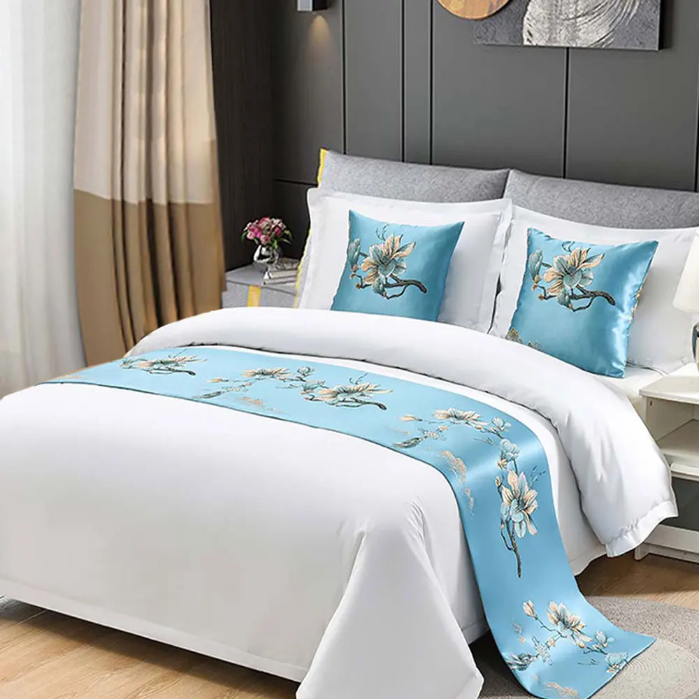 Chinese Style Bed Runner Stain Flower Embroidery Bed Flag Throw for Hotel Home Wedding Bedding Decor Bed Tail Towel Pillowcase