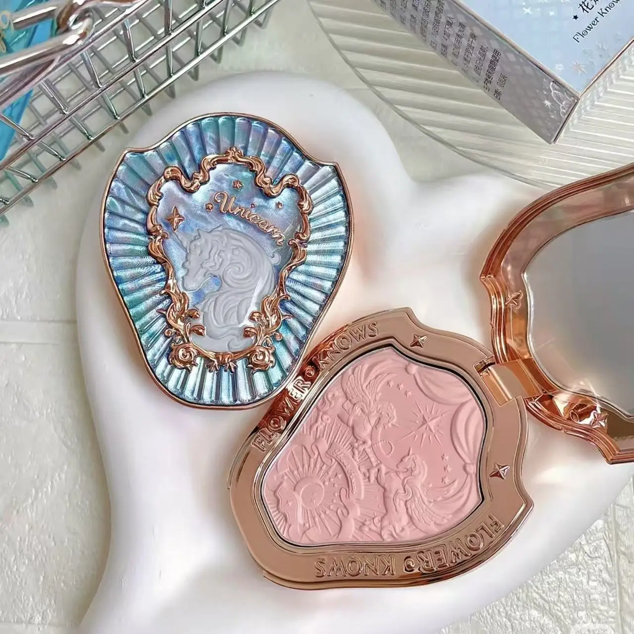 Flower Knows Unicorn Carved Powder Blusher Makeup Matte Shimmer Pigment Brightening Natural Cheek Blusher Brightening Cosmetic