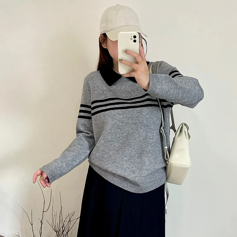 

plus Size Women's Neck Color Block Striped Long Sleeve Knitwear Casual Loose Winter Sweater Sweet Style Polyester Fiber