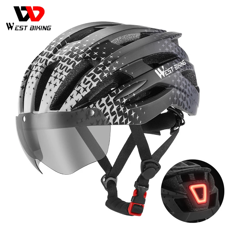 

WEST BIKING Safety Men's Cycling Helmet Magnetic Goggles Lightweight Road Bike Female Helmet With LED Light MTB Equipment