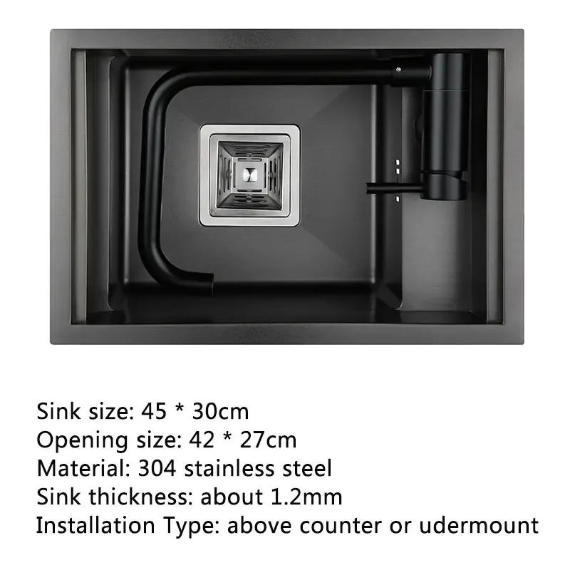 Hidden Black Kitchen Sink Single Bowl Bar Small Size Sink Stainless Steel Balcony Sink Concealed Black Kitchen