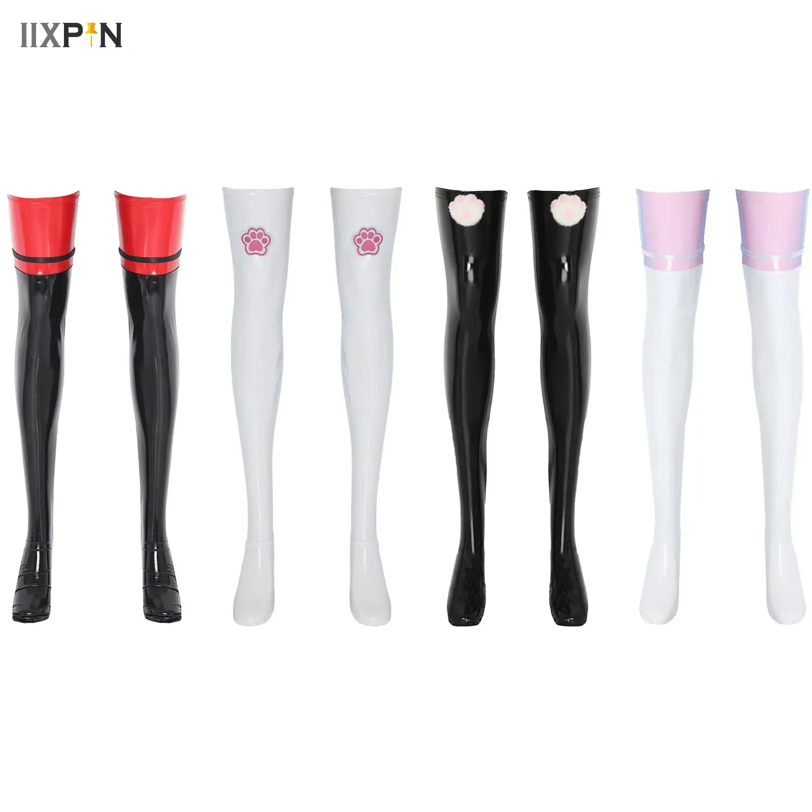 

1 Pair Women Glossy Patent Leather Thigh High Stockings Tight Long Socks 3D Kitten Claw Pattern Anime Cosplay Lolita Costumes