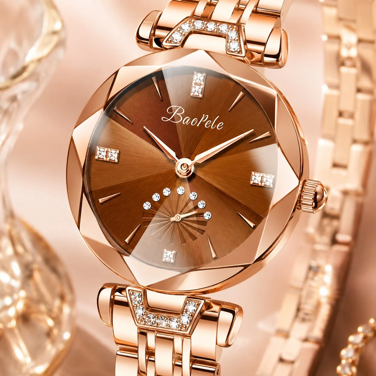 

Women Quartz Watch Rose Gold Stainless Steel Bracelet Brown Dial Rhinestone Luxury Fashion Wristwatch Gift