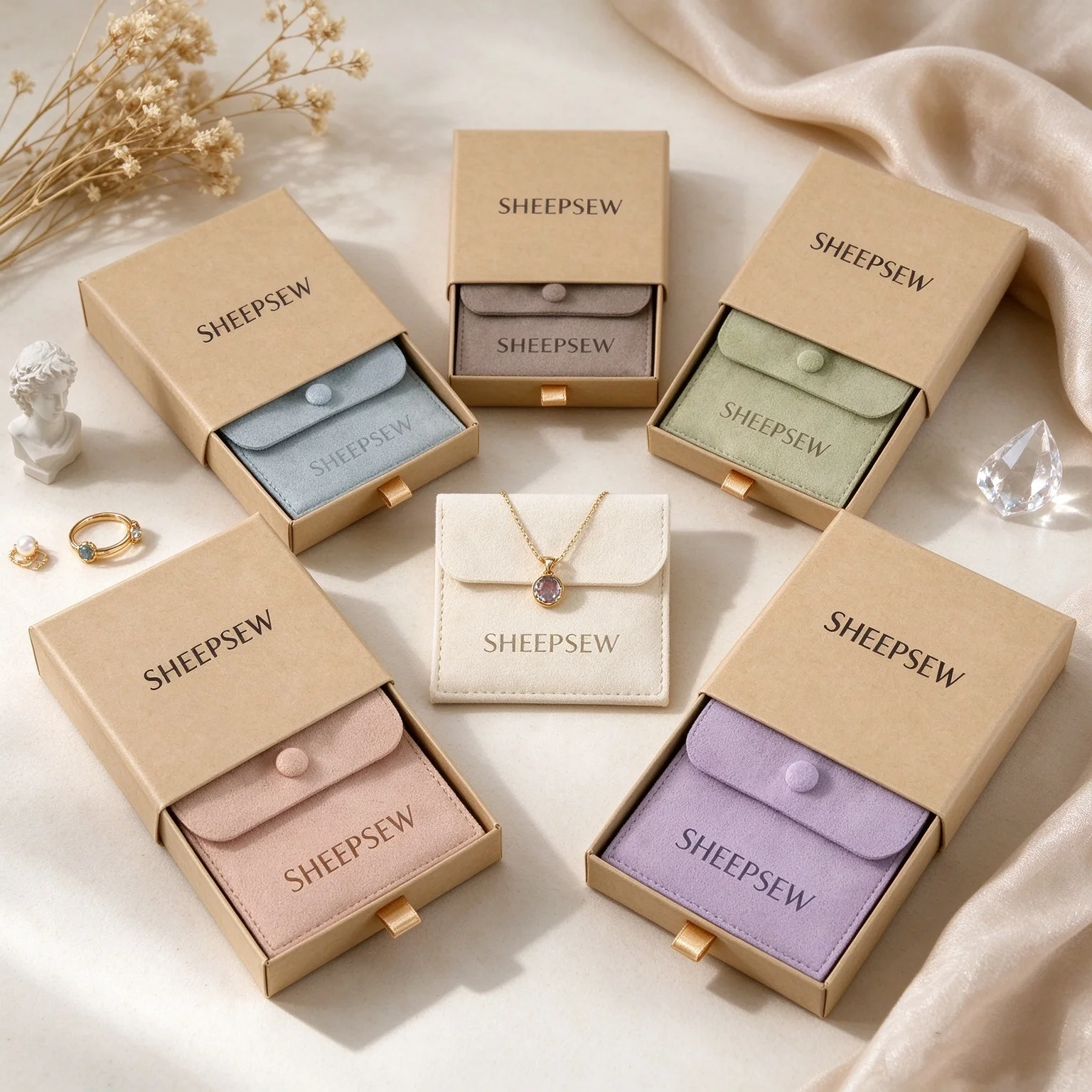 SHEEPSEW 8x8cm Microfiber Suede Snap Button Jewelry Pouch 9x9x3.2cm Kraft Paper Sliding Drawer Box Custom Logo Earring Pendant P