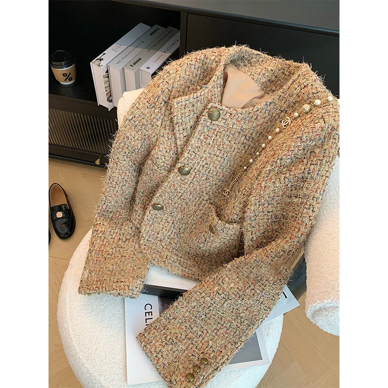 Vintage Tweed Jacket Women Elegant Cropped Coat Korean Long Sleeve Outerwear Fall Winter Ladies Single Breasted Chic Blazer New