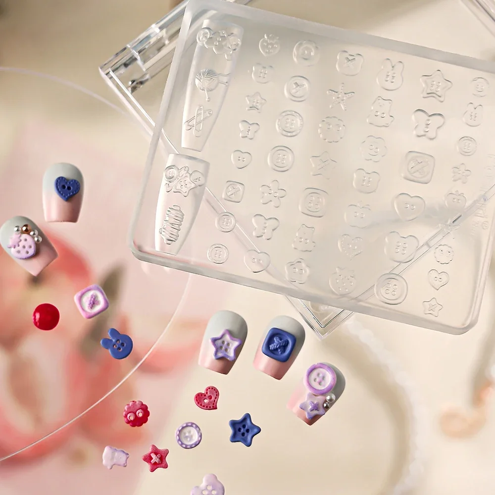 3D Button Nail Art Silicone Mold Cute Star Heart Fruit Bunny Pattern Resin Buckle Nail Charm Making Tool Reusable Manicure Y2K