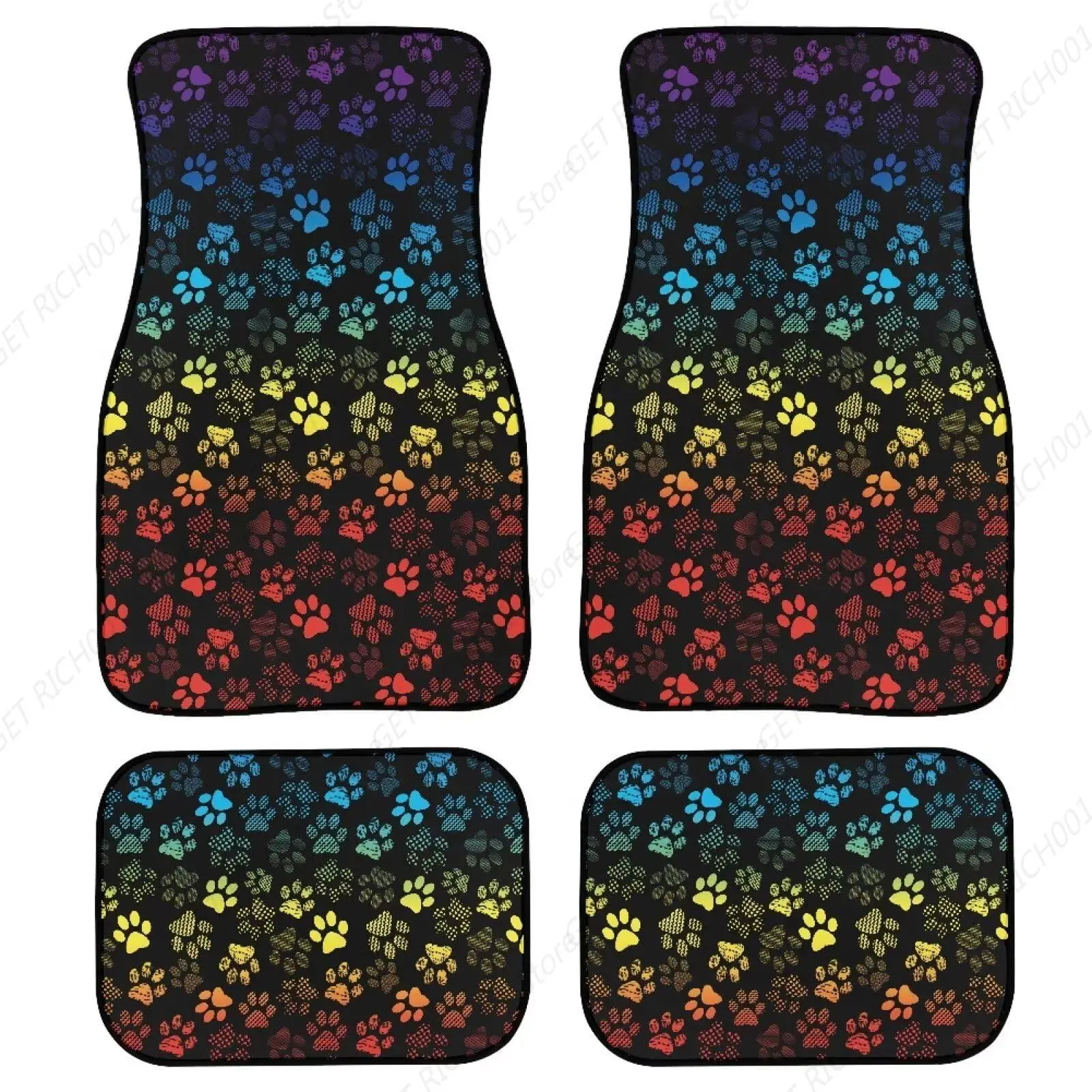 Colorful Rainbow Paws Front and Rear Carpet Floor Mats Backing Rubber Foot Pads for Most Cars SUVs Vans or Trucks Set of 4