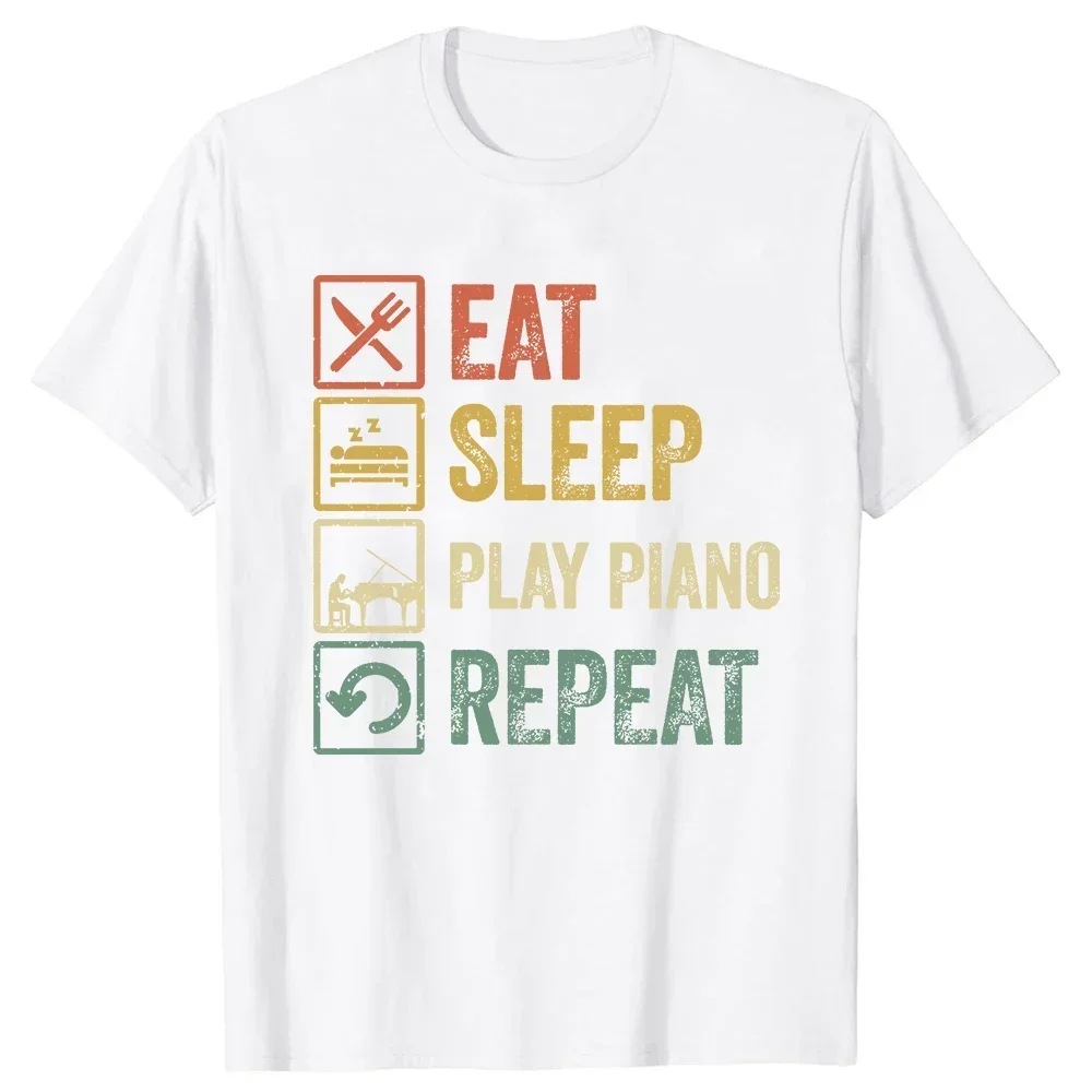 Interesting eat sleep piano clothing keyboard music player Street wear short sleeve pianist gift T-shirt clothing trend