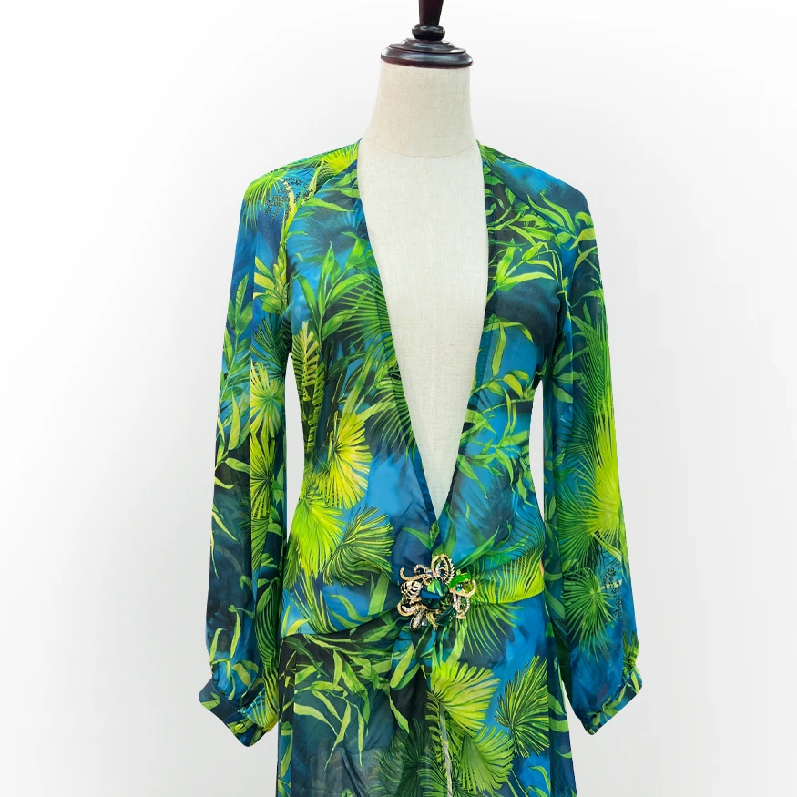 Groene Lange Print Diepe V-Hals Holle Rug Jurk Met Sieraden Knopen Banket Rok Feest Strand Rok