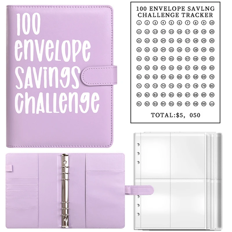 100 Savings Challenges Book With Envelopes,A5 Envelope Challenge Binder,With Cash Envelopes-Savings Challenges(Purple) Durable