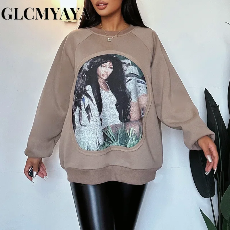 GLCMYAYA Women American Retro O-Neck Body 3D Print Long Sleeve Hoodies 2023 INS Streetwear Fashion Casual LOOSE Spliced Hoodies