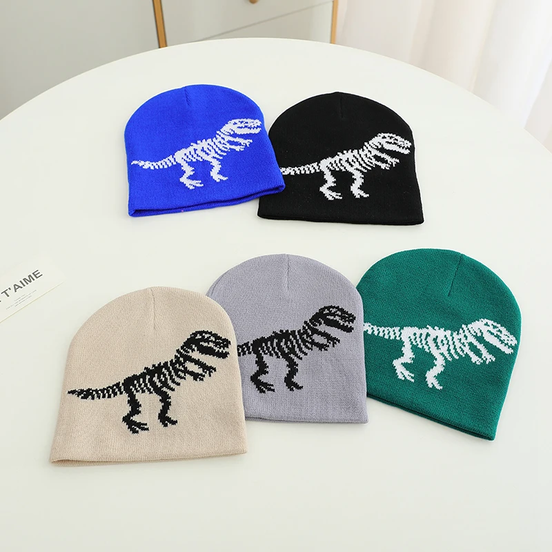 Fashion Kids Caps Sports Warm Hats Baby Boys 2024 New Autumn Winter Casual Knitted Cartoon Dinosaur Children Outdoor