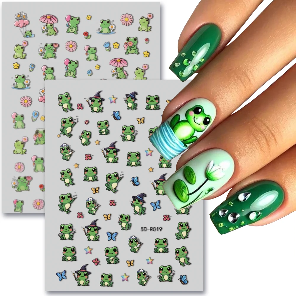 2pcs Cartoon Green Frog Flower Nail Art Stickers Cute Round-eyed Frog Lotus Leaf Nail Decals Blushing Frog Summer Child Stickers