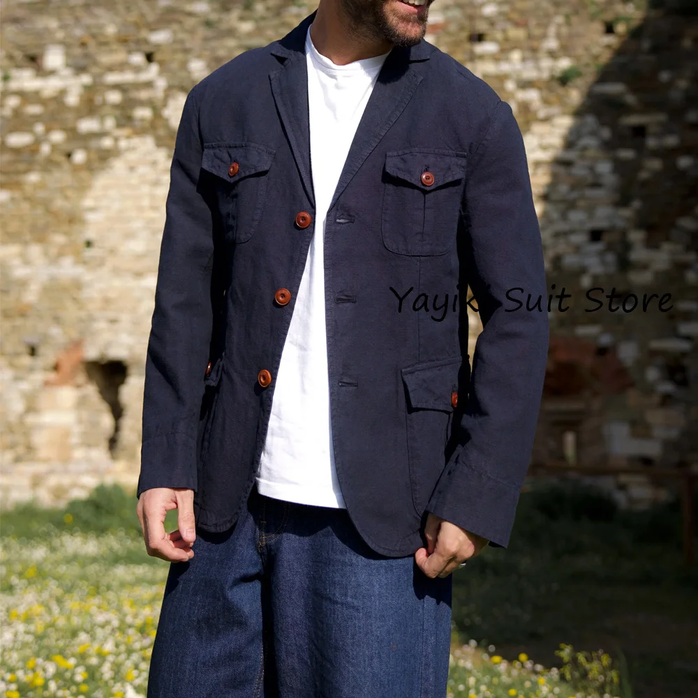 

Мужские куртки высокого качества с зубчатыми лацканами, повседневный модный костюм, льняной мужской пиджак с четырьмя карманами, однобортный новый костюм, блейзер