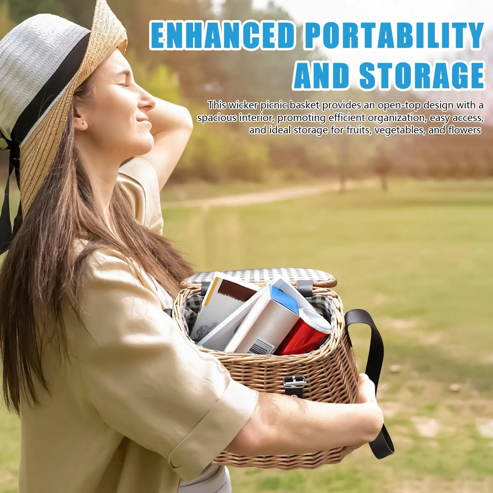 

Picnic Basket Wicker with Lid & Shoulder Strap, Portable Outdoor Picnic Hamper for Food Storage, Bread, Toys, Books