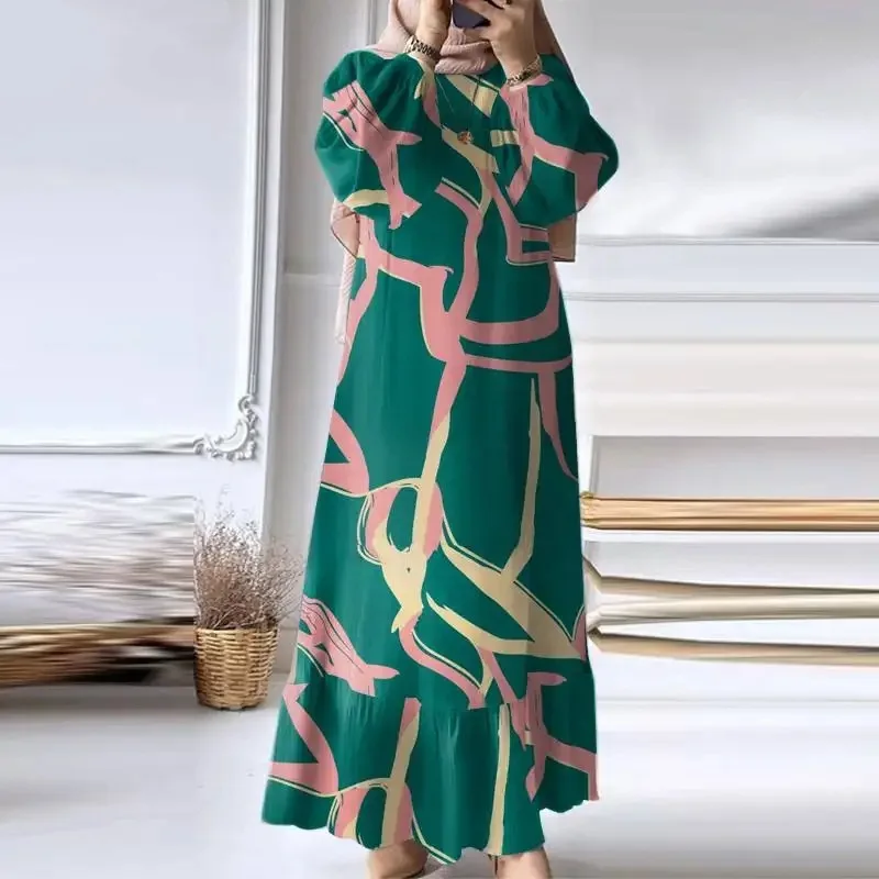 Elegant Muslim Dresses for Women New 2024 Spring and Autumn Fashion Bubble Sleeves Retro Pocket Hem Ruffle Edge Dress for Female