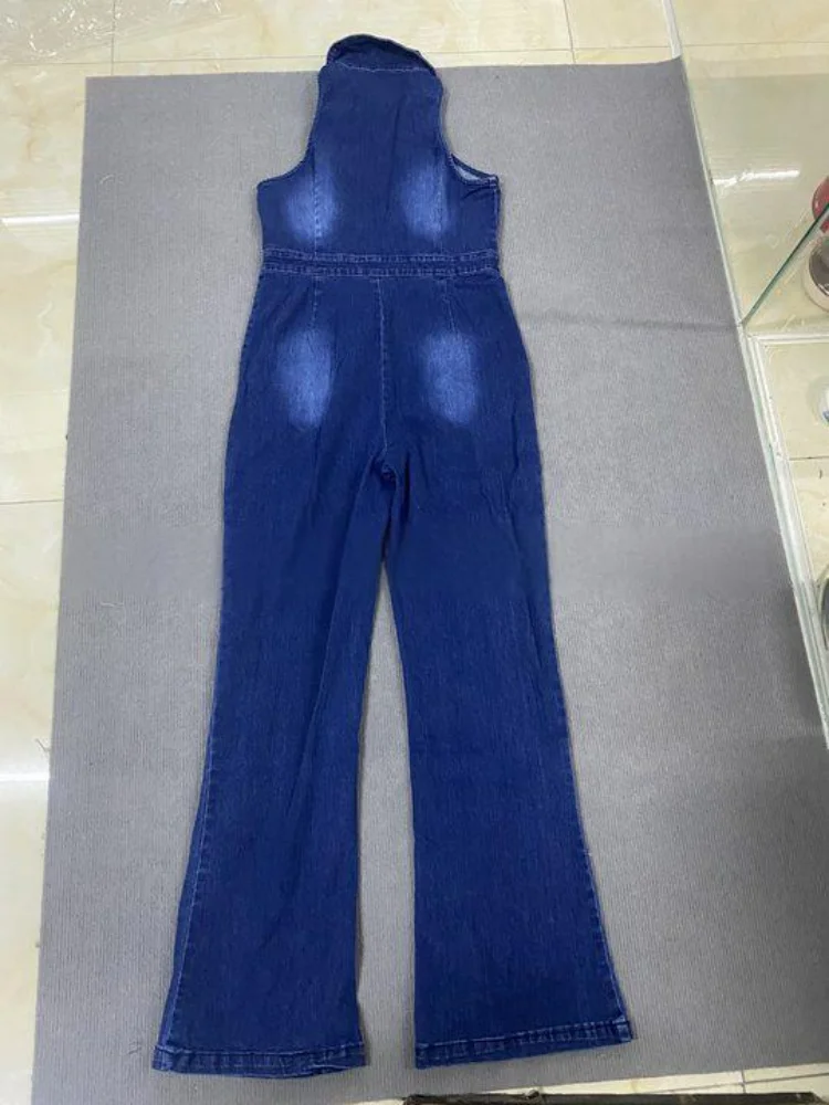 Spring and Summer new women's fitted retro high-waisted denim jumpsuits with zipper cardigan flared pants
