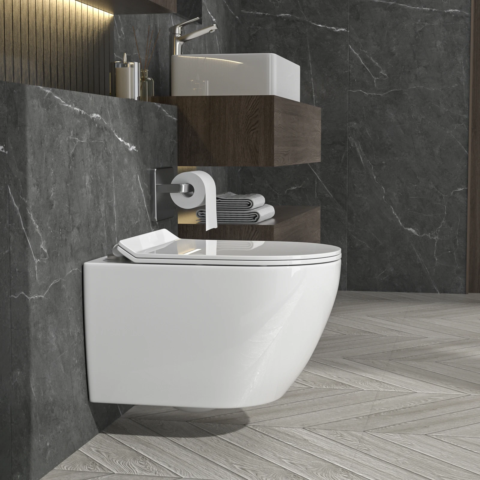 

Настенная унитазная система с подвесной смывкой. Встроенный настенный унитаз с резервуаром. Каструля «Назад к стене».