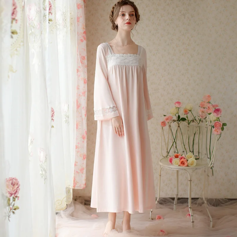 Sweet Lace Square Neck Night Dress Women Spring Autumn Vintage Chinese Flare Sleeve Nightwear Long Nightgown Princess Sleepwear