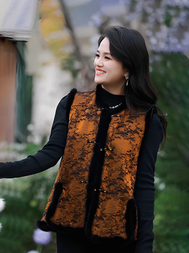 

New Chinese Sle Women's Vest Coat Silk Mink Fur ort Loose Fit U-Ne Button-Up Spring Autumn Slimming Retro Faion