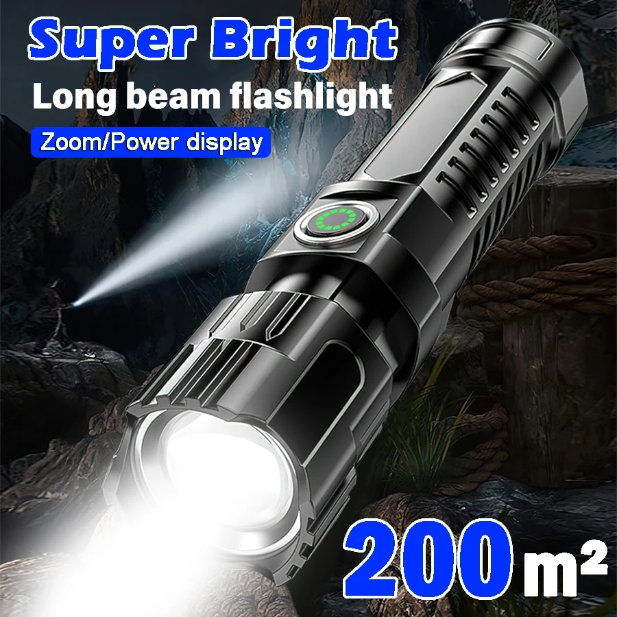 P200 Super Powerful LED Flashlight Zoom Tactical Torch Built-in Battery USB Rechargeable Waterproof Lamp Ultra Bright Lantern