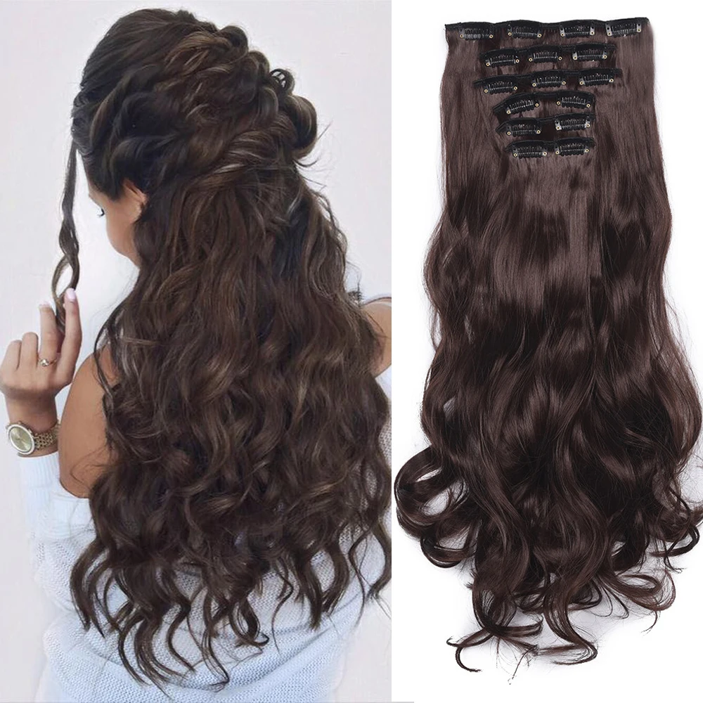 Postiches synthétiques à clipser pour femmes, extensions de cheveux synthétiques, postiches optiques longues ondulées, tête complète, postiches ombrées, 20 po, ensemble de 6 pièces