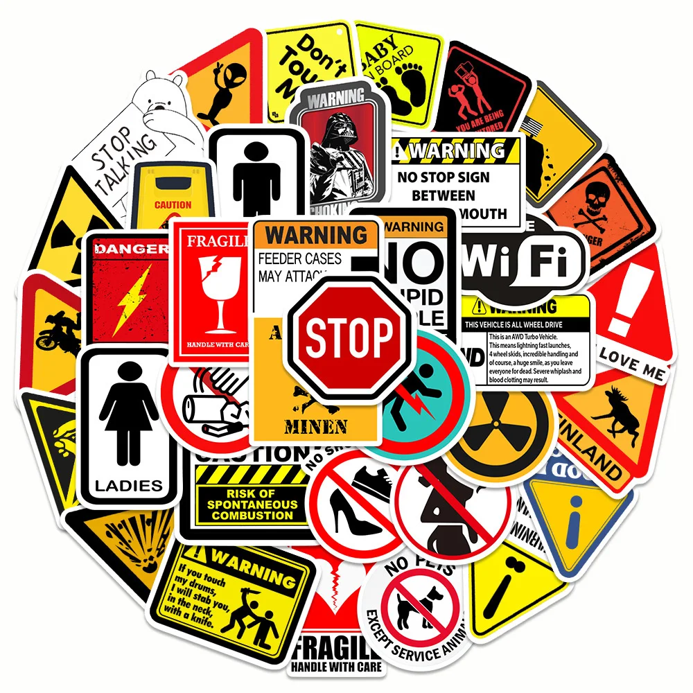 10/30/50pcs Warning Danger Banning Stickers Waterproof Graffiti Decal DIY Luggage Diary Stationery Kids Decoration Siticker Pack