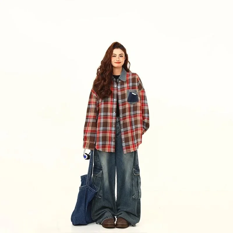 

Retro Women's New Spliced POLO Collar Button Plaid Fashion Loose and Versatile Casual Long-sleeved Shirts