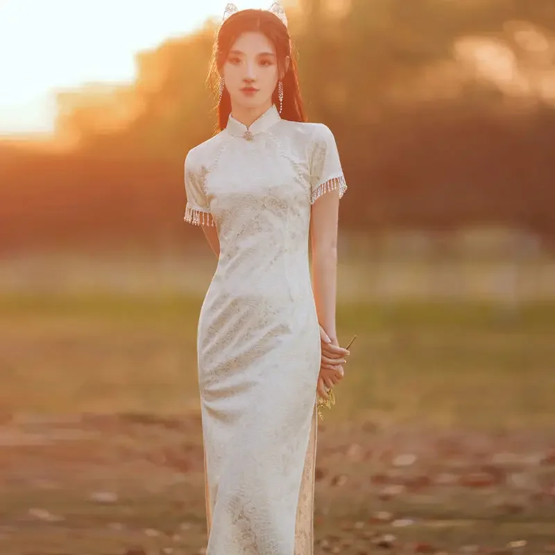 

Летнее длинное платье Cheongsam с короткими рукавами, традиционные винтажные костюмы, элегантное Ципао цвета шампанского от S до XXL