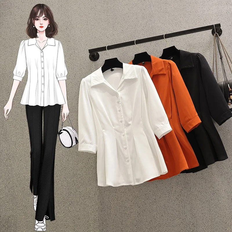 

plus Size Women's Summer Shirt Loose Fit Conceals Belly And Flatters plus Size High Waist Button up Korean Style Polyester Fiber