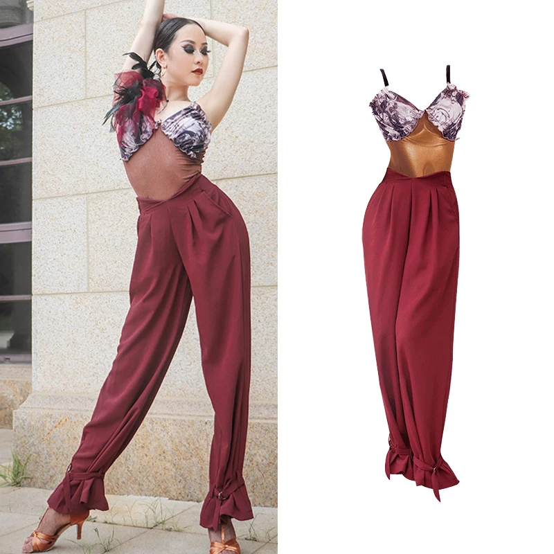 National Standard Split Suit Latin Dance Tops Wine Red Pants Latin Practice Clothes Chacha Rumba Modern Dance Costumes DN18940