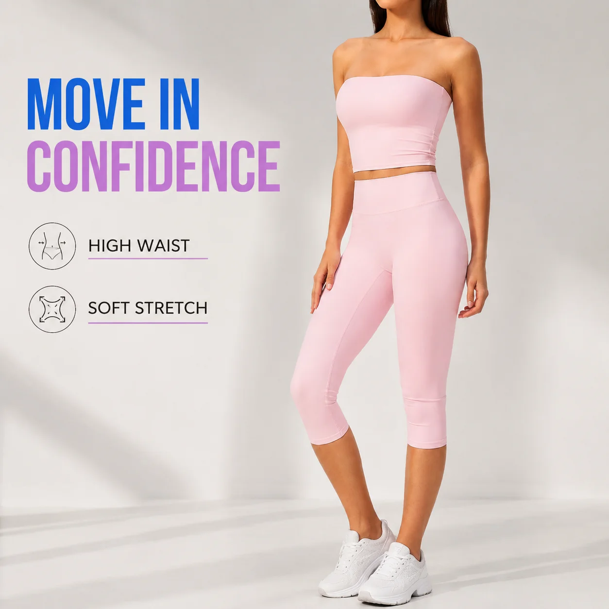 Women's Strapless Tube Top Sports Set, High Waist Capri Leggings with Contour Seam, Off Shoulder Yoga Gym Suit