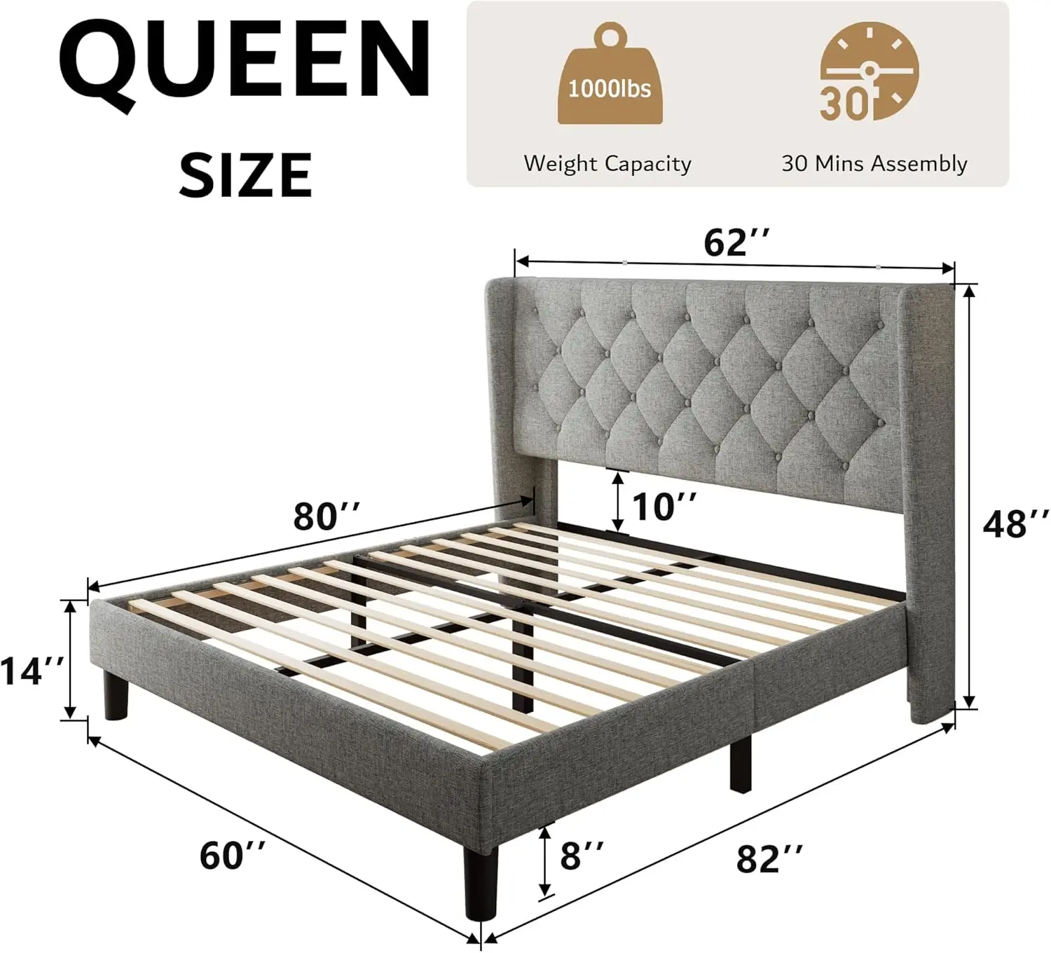 Size Platform Bed Frame with Button Tufted Headboard, Upholstered Bed Frame with Solid Wooden Slats, 8