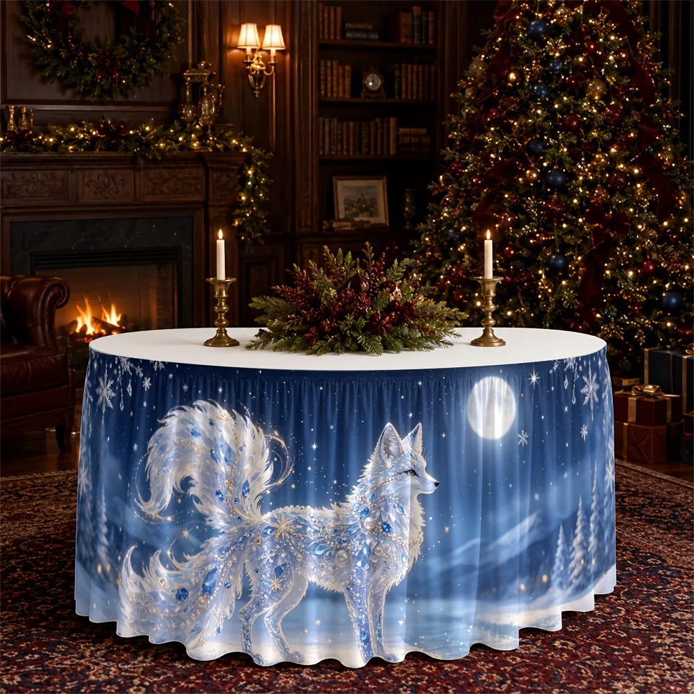 One-piece table skirt with snowflake fox winter wonderland digital print, ethereal and luminous.zyc
