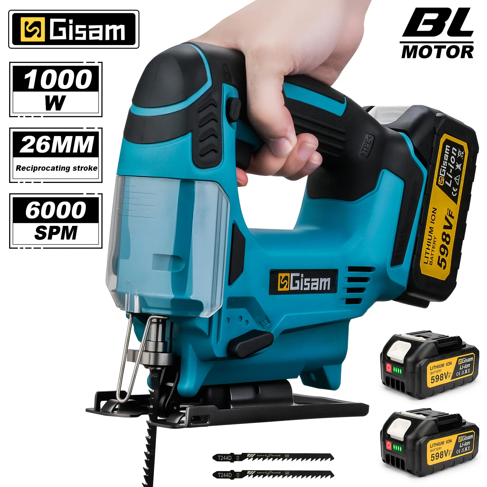 

1000w Brushless Jig Saw 6000SPM 26mm Electric Jigsaw Adjustable Blade Woodworking Power Tool for Makita 18V Battery pins