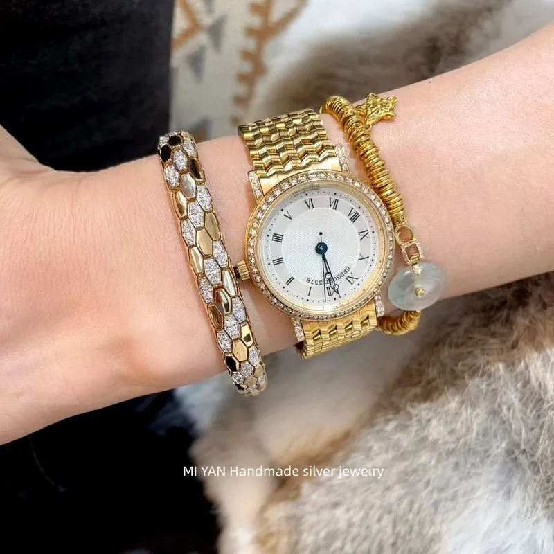 Snake Bone Color-blocking Bracelet with Diamond Accents, Luxury Rose Gold-Tone Plated 925 Silver Minimalist Bracelet for Women