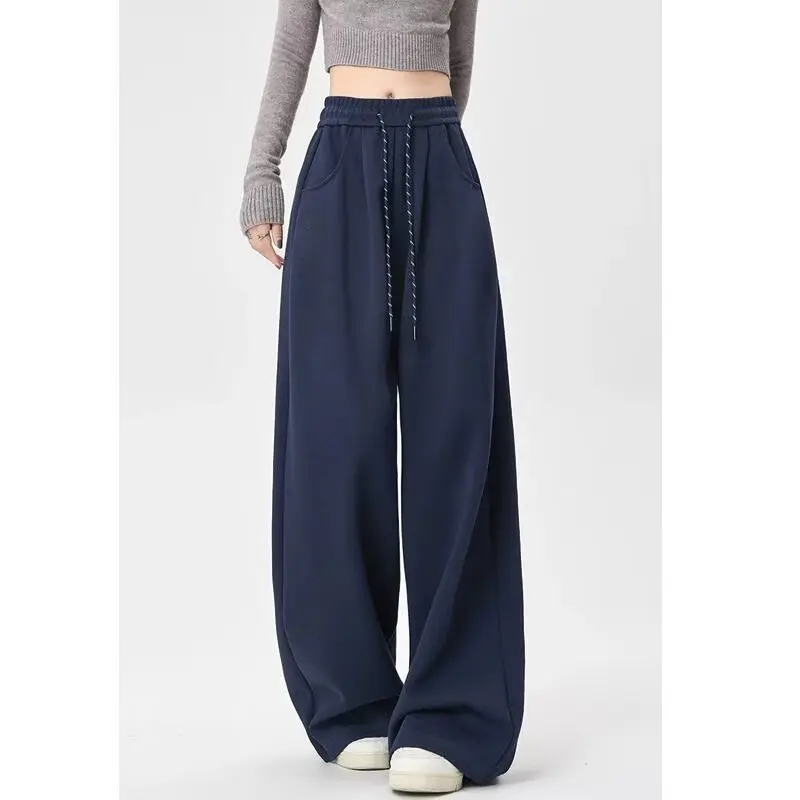 كسول نمط الأبيض السراويل واسعة الساق فضفاضة معلقة السراويل النسائية الخريف عالية الخصر السراويل الساق المستقيمة الطابق طول السراويل لون