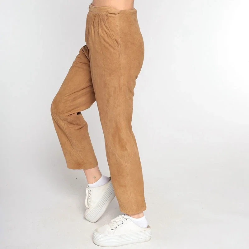 

Women's Coffee Suede Leather Pants, Ankle Length Pants,Elastic Waist, Loose Straight Trousers , Casual, Custom Winter, New, 2023