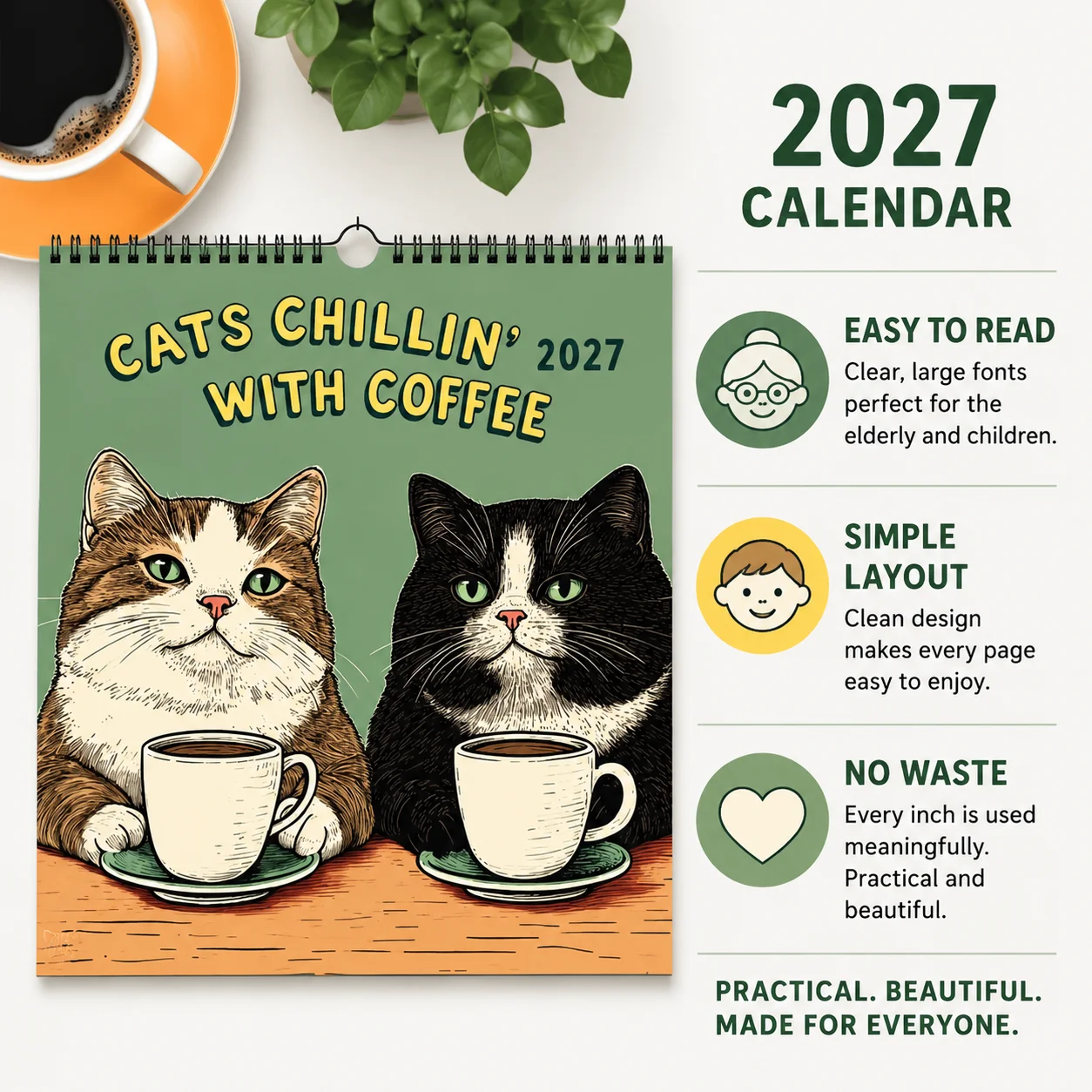 2027 Cozy Coffee Cat Calendar High-Quality Material Efficient Schedule Planning Cute Cat Illustrations for Each of the 12 Months
