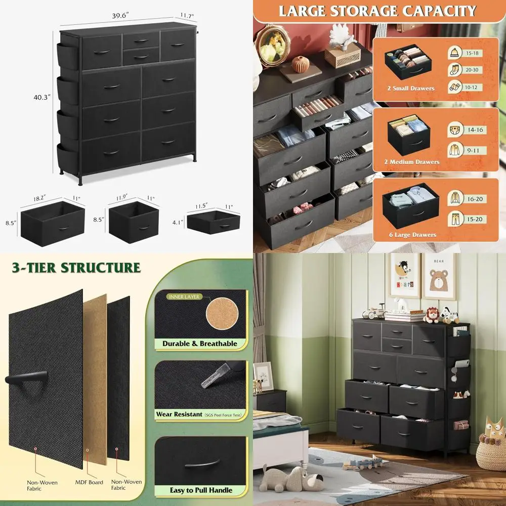 

Комод с 10 ящиками, боковыми карманами и крючками, металлический органайзер для спальни, гостиной или прихожей, черный