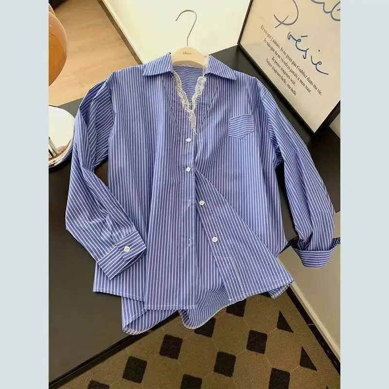 2025 bleu rayé dentelle bord col en V boutonné chemises femmes chemises à manches longues Camisas De Mujer printemps mode coréenne chemise décontractée