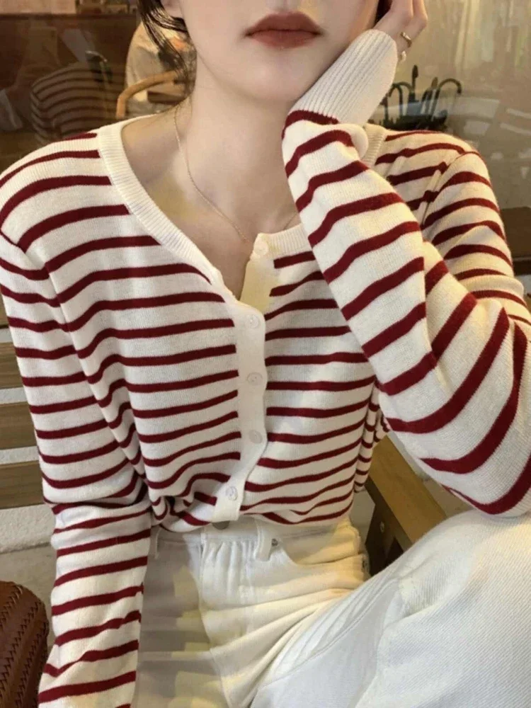 Color Block Versatile Outerwear Top 2026 Autumn Winter Chic Long Sleeve Sweater Korean Style Women's Striped Knit Cardigan