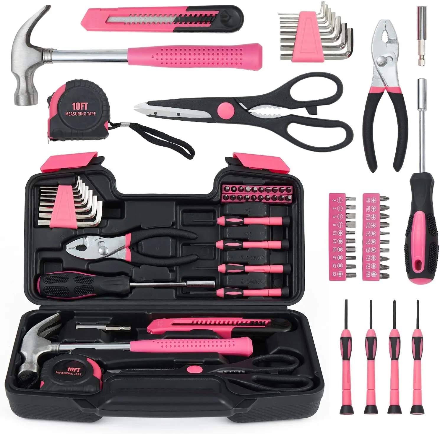 39Pcs Household Repair Tool Kit Multipurpose Pink Home Hand Tool Set with Storage Case Durable Hammer and Screwdriver Set